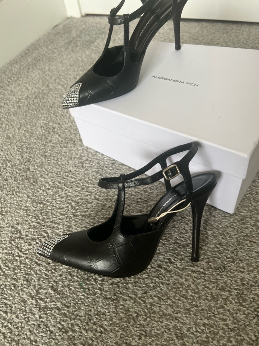 Alessandra Rich Black T-Strap Pointed Toe Crystal-Embellished Stiletto Pumps